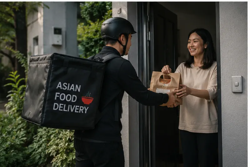 Delivery courier handing a takeout bag to a customer at her door