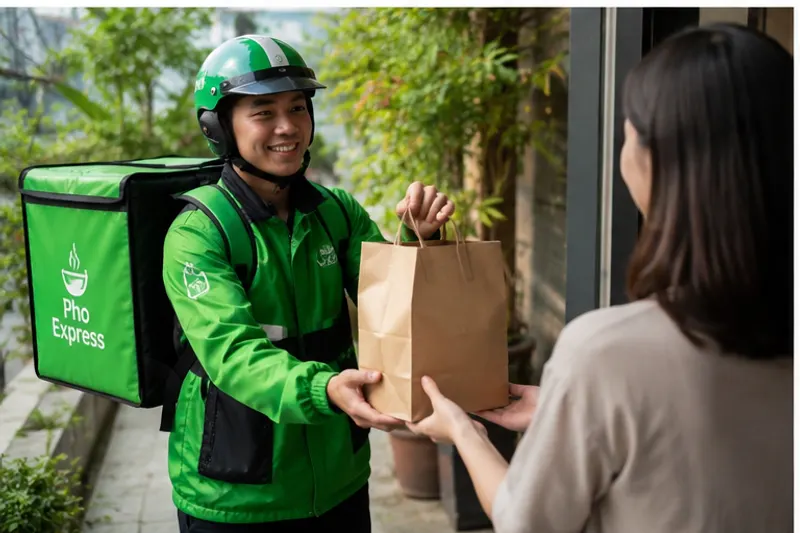 Courier delivering Asian food to a customer's doorstep