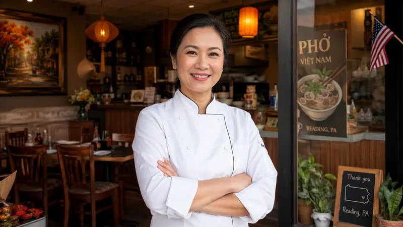 ペンシルベニア州レディングのフォー専門店の前に立つベトナム人シェフオーナー