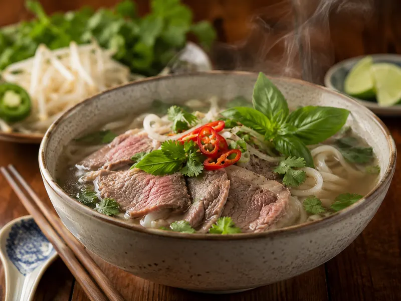 Steaming bowl of beef pho with herbs and chili